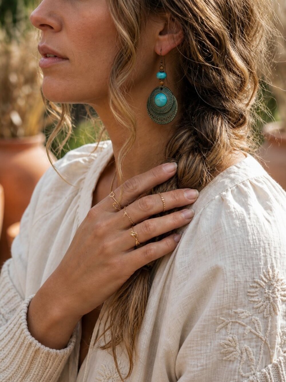 Boho Turquoise Drop Earrings Bronze Ethnic Carved Mandala Statement Dangle - Picture 3 of 12